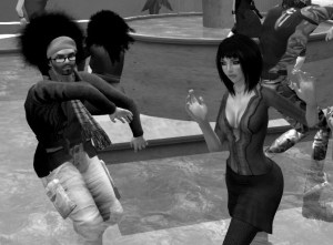 Avatar Alphabet: R is for Rabalder: B&W photo of Rabalder & Monerda dancing in the fountain at Trafalgar Square, London
