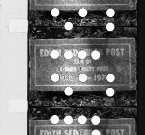 Black-and-white image of 3, 16mm film frames showing Edie Sedgwick's tombstone at Oak Hills Cemetery in Ballard, CA, near Solvang and Santa Barbara