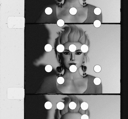 Edie Sedgwick Screen Test #5: 3 frames of 16mm film showing a close up of Edie Sedgwick in Screen Test #5, 2014