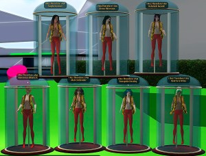 Vanessa Blaylock Company cast members hung on specimen hooks and inside glass bell jars