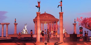 Masked avatars perform a tableaux vivant at an Ancient Greek temple