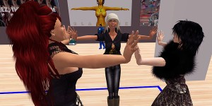 Avatars form a human circle in the main space at Zanphoria Gallery