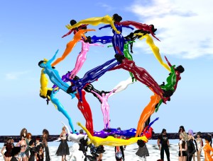 30 avatars in multicolored unitards (latex catsuits) brace their arms and legs to each other and form a human dodecahedron. Each person forms one of the 30 sides of the platonic solid. The platform where the event takes place is a kilometer above the Booville skydiving region.