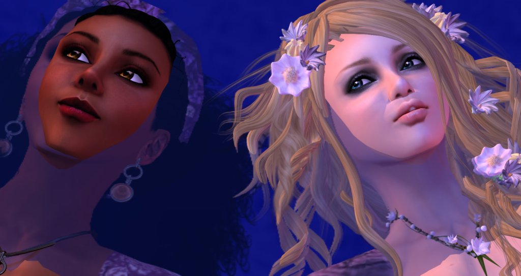 Close-up of Vanessa Blaylock and Trilby Minotaur during the performance of VB29 - Natatorium. Blaylock and Minotaur float nearly motionless in the water, their faces just above the surface with the rest of their bodies sloping gradually into the water.