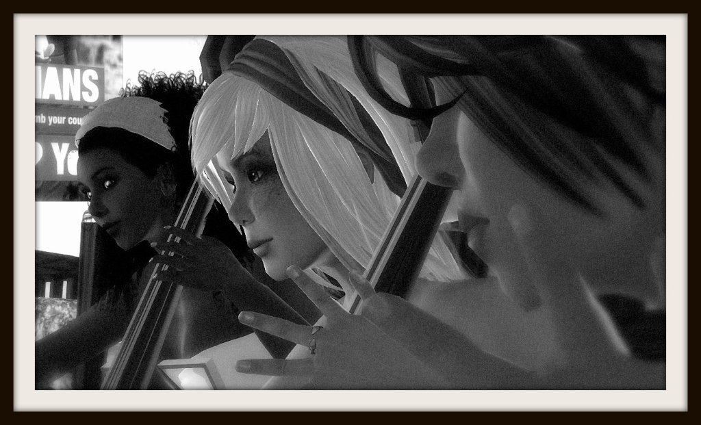 VBCO cast members playing cellos and circling piano players Pixel Reanimator and Gina Broono