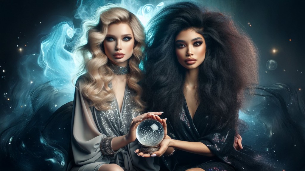 Fiona Blaylock and Vanessa Blaylock sit together on a sofa. Fiona's blonde hair, and vanessa's dark hair, are both heavily teased to enormous volume. Fiona's hand and Vanessa's hand meet in front of them where together, they hold a crystal ball. 