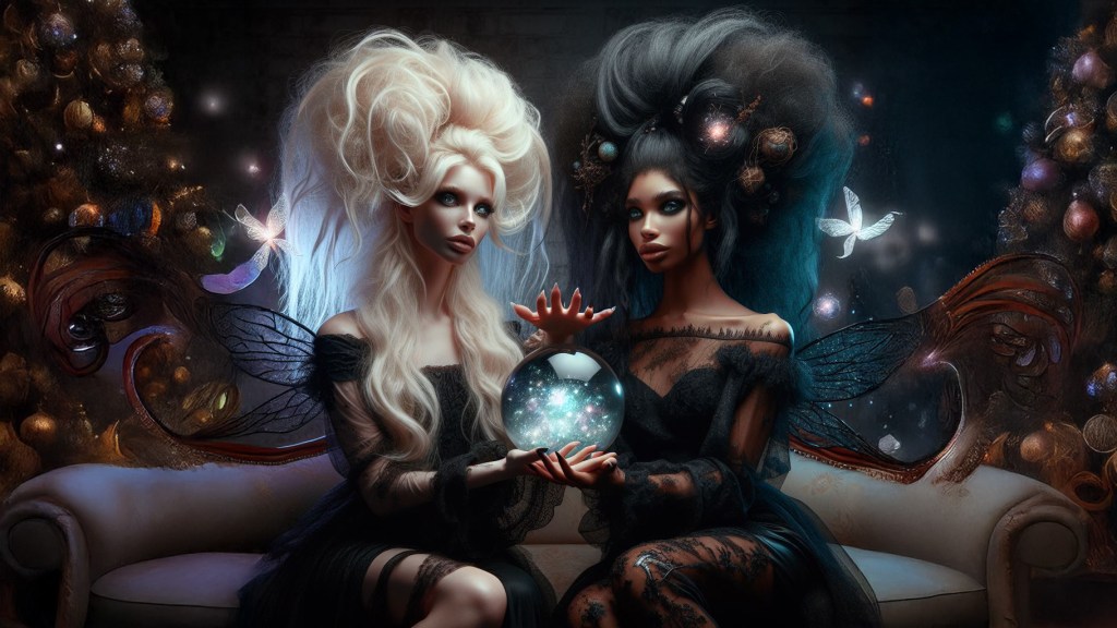 Fiona Blaylock and Vanessa Blaylock sit together on a sofa. Fiona's blonde hair, and vanessa's dark hair, are both heavily teased to enormous volume. Fiona's hand and Vanessa's hand meet in front of them where together, they hold a crystal ball. 