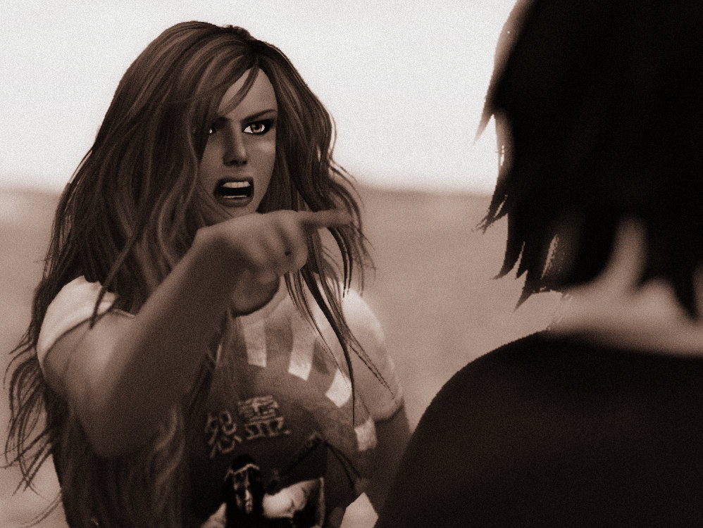 Selenium toned photo of Fiona Blaylock and Vanessa Blaylock arguing. Fiona points an accusing finger at Vanessa.