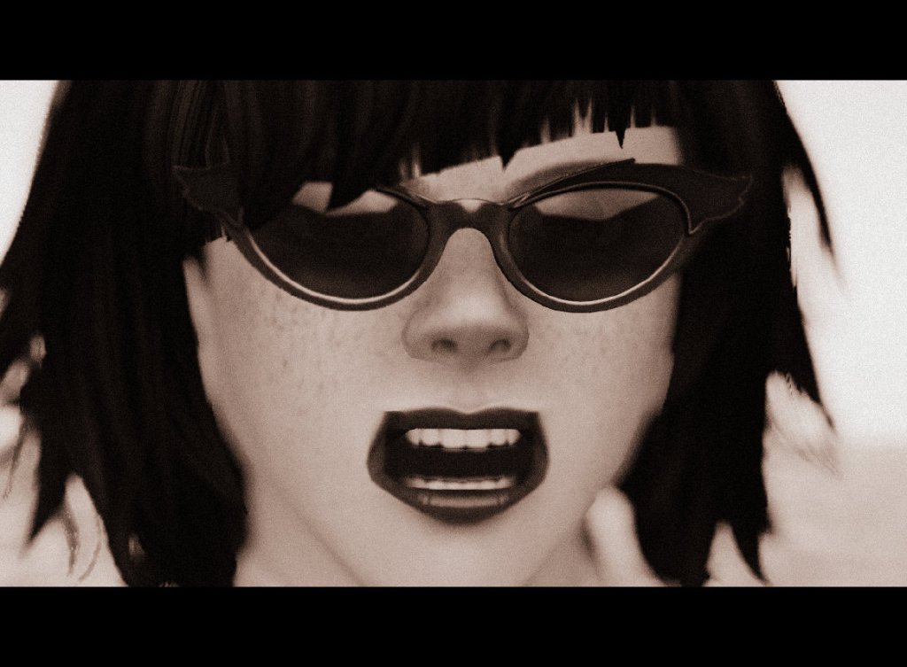 Extreme closeup of Vanessa Blaylock in an angry expression as she yells at her sister Fiona Blaylock