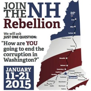 New Hampshire Rebellion Logo: graphic of the shape of the state of New Hampshire made out of red, white, and blue, and with the text "Join the Rebellion"