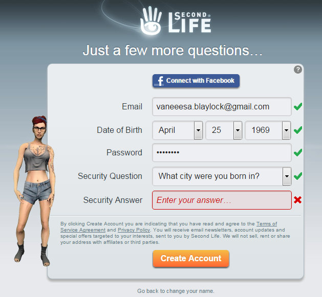 Screen cap of Second Life sign up page showing email, date of birth, etc