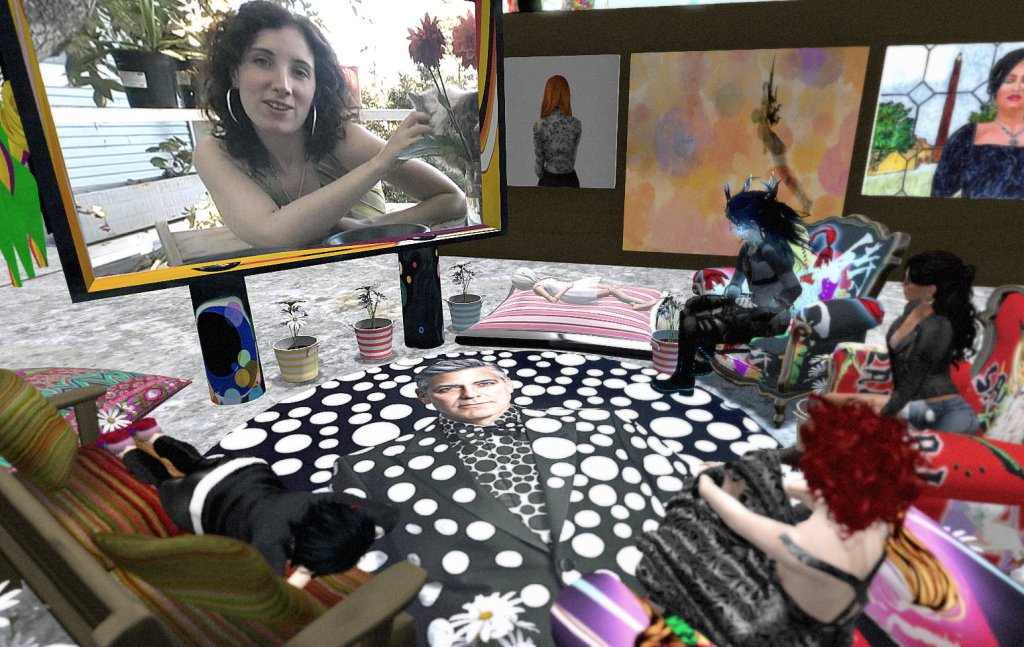 Avatars gathered around a large flat-screen TV and watching art videos from Micol Hebron
