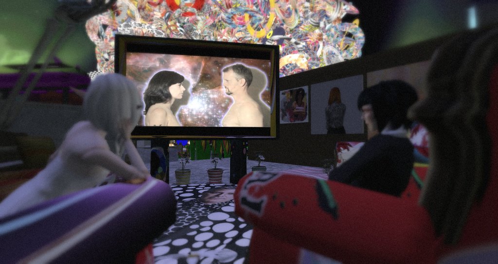 Avatars gathered around a large flat-screen TV and watching art videos from Micol Hebron