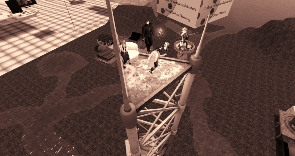 Avatars dancing on a small platform on top of a 100 meter tall radio tower