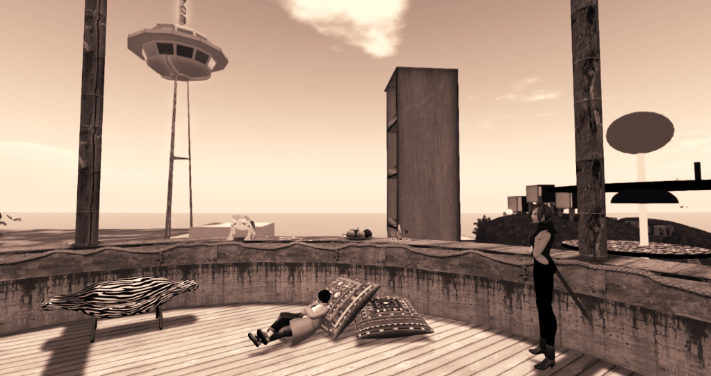 Elizabeth Taylor Swift relaxing on the deck of a wooden lighthouse