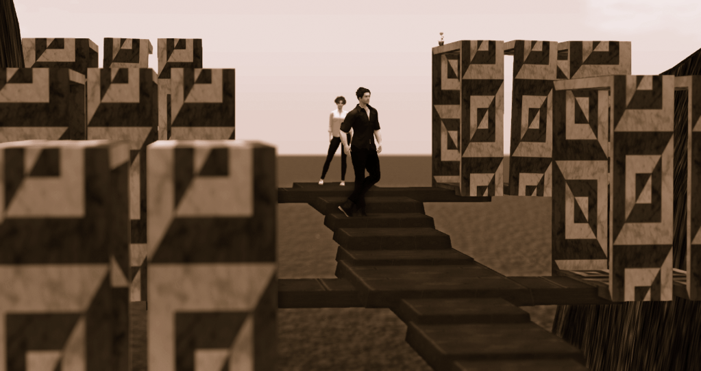 2 avatars on a staircase in a mountain gorge