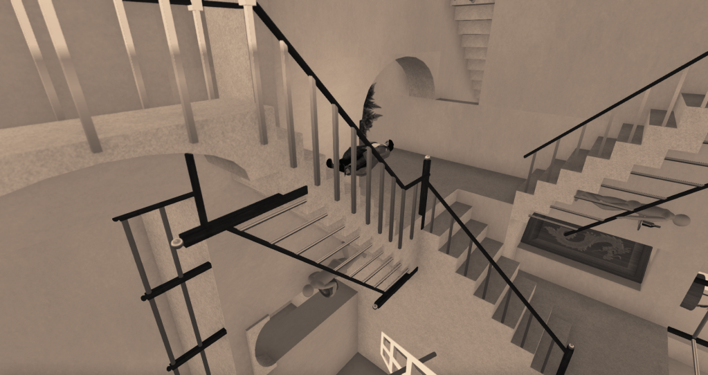 Photo of Elizabeth Taylor Swift walking sideways through an MC Escher Impossible Staircase