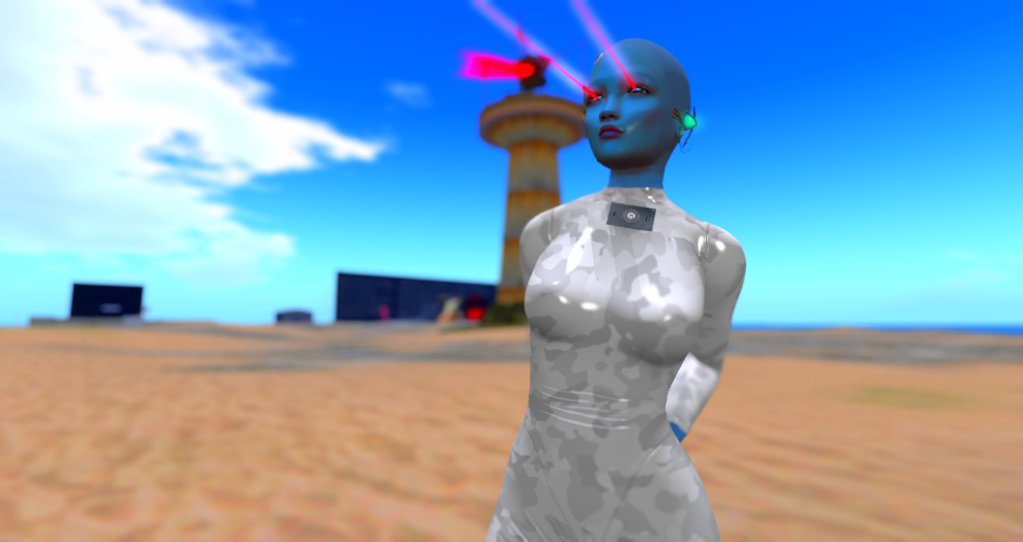 Liz Solo, with laser eyes, a blue head, and a latex cammo bodysuit