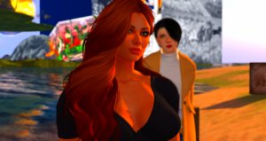 Ravensong Merlin & Vanessa Blaylock on the beach at Love Beach at LEA1, in Second Life. LEA1 is an LEA "core sim" on an Artist in Residence Land Grant from the Linden Endowment for the Arts.