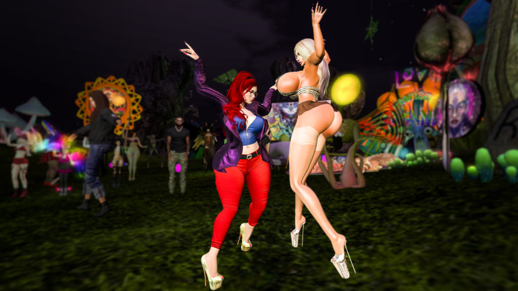 Meg Morningstar in a plum blazer and gold heels dances with Karisma in a gold outfit and tall heels at Organica Club on Happy Clam Island in Second Life.