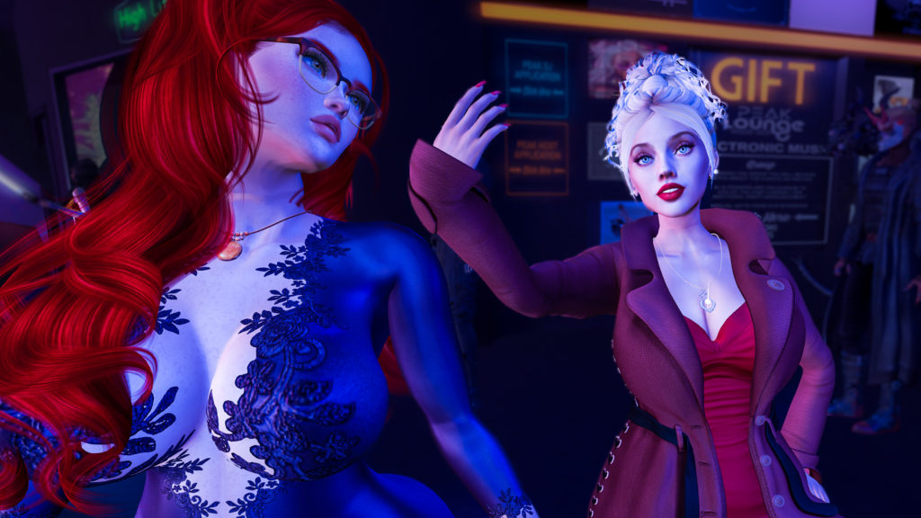 Meg Morningstar in a purple catsuit dances with Karisma Adamski in a red dress and burgundy trench coat at a Second Life dance club, Peak Lounge.