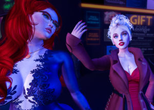 Meg Morningstar in a purple catsuit dances with Karisma Adamski in a red dress and burgundy trench coat at a Second Life dance club, Peak Lounge.