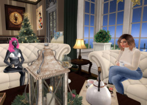 Two avatars, Aero and Chrysty, sit on cozy sofas in the dining area of Willow's Nordica Cafe in the virtual world of Second Life