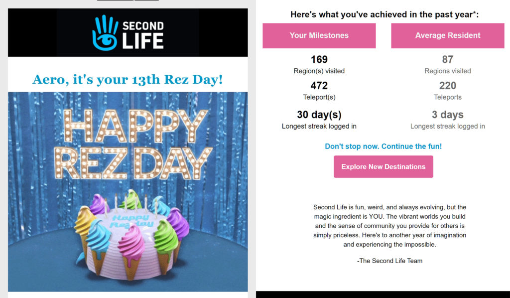 A "rezday" card from Linden Lab to Aero Bigboots wishing a happy 13th rezday