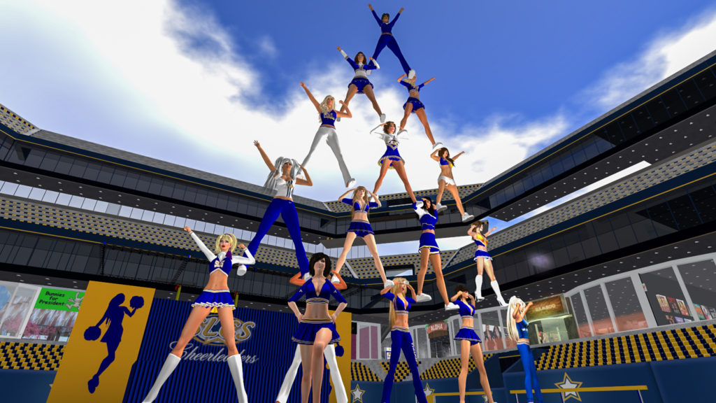 A group of SLCS Cheerleaders, including me, Aero The Prodigal Cheerleader Bigboots, in a human pyramid formation. 