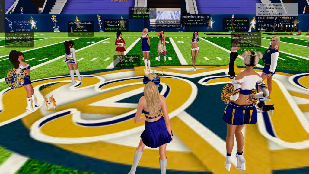 Aero Bigboots, aka "The Prodigal Cheerleader" at the 50-yard-line of Srooc Skytower Memorial Stadium with a group of Second Life Cheerleading Squad cheerleaders a few minutes before their Thursday evening meeting begins