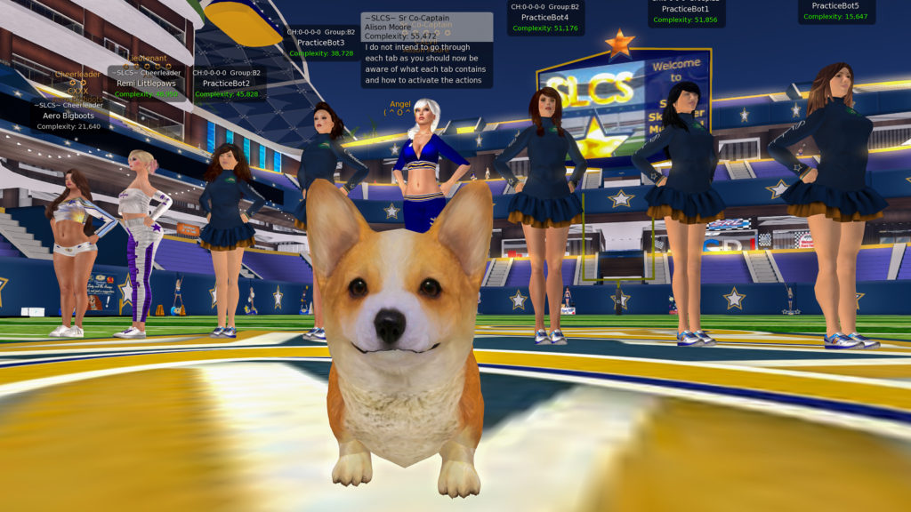 Angel the dog in front of a group of SLCS cheerleaders practicing a formation.