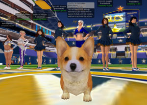 Angel the dog stands in front of a group of Second Life Cheerleading Squad cheerleaders practicing formations
