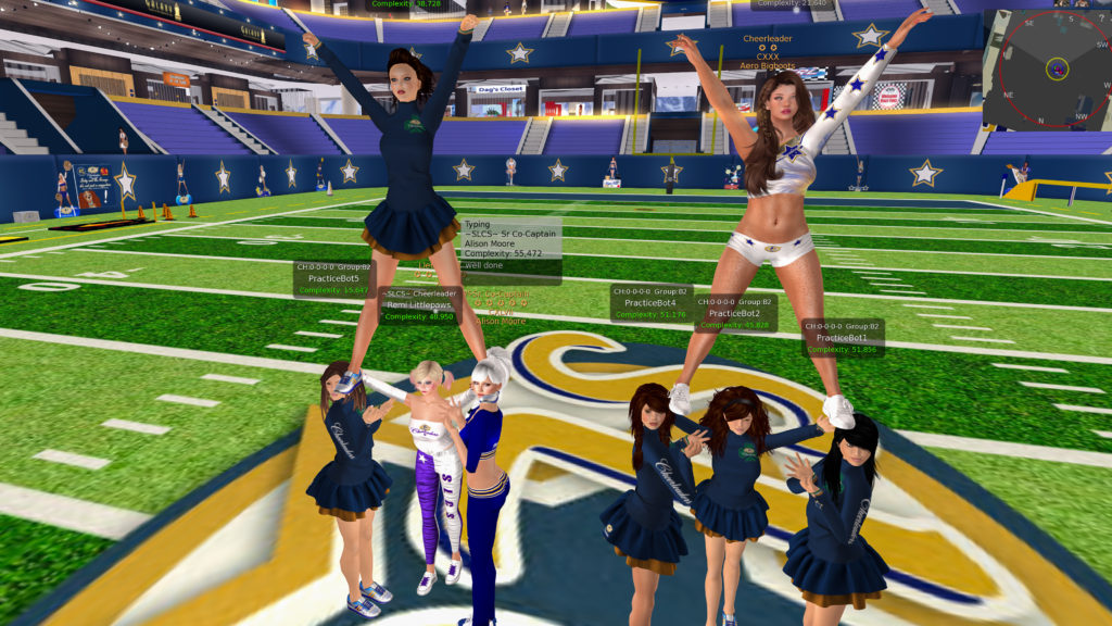Cheerleaders practicing a human pyramid formation at Srooc Skytower Memorial Stadium in Second Life. 