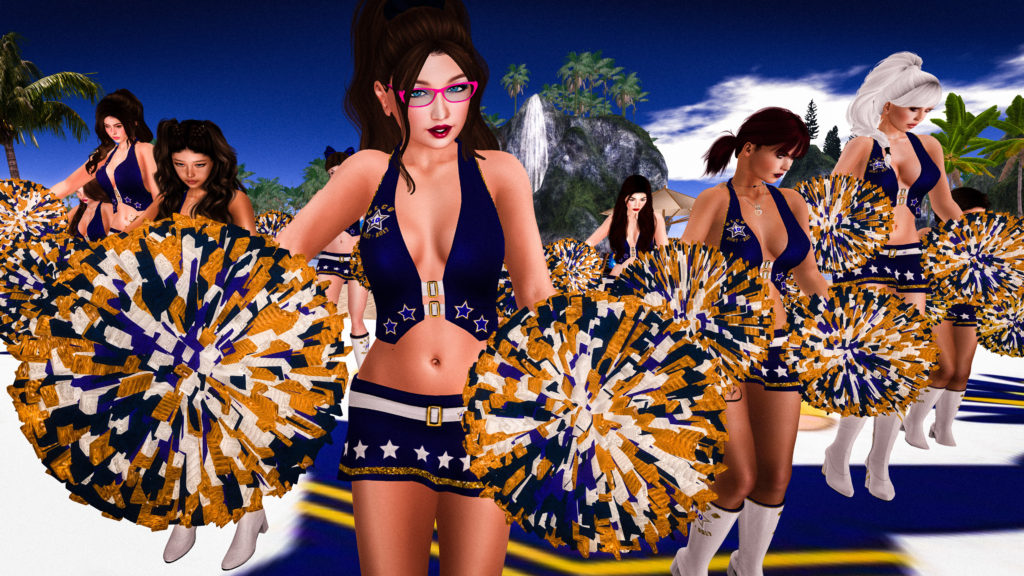 A large group of avatars perform a dance routine on a stage in Second Life. 