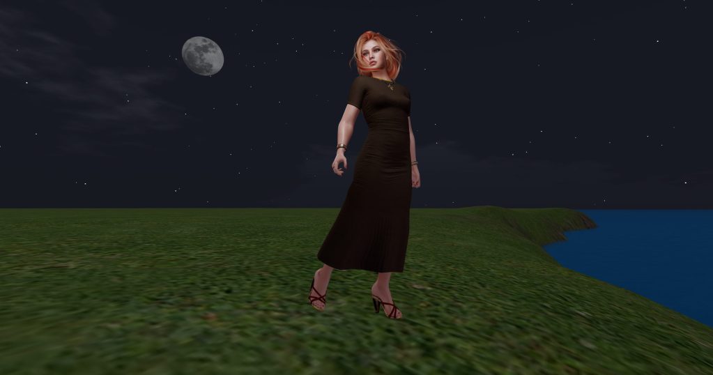 Edie Starling walking on a flat, grassy 4-region island in Second Life