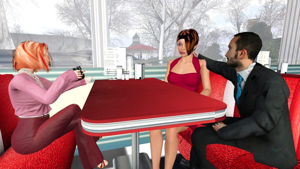 Edie Starling sitting at a diner table with two NPC avatars and having coffee.